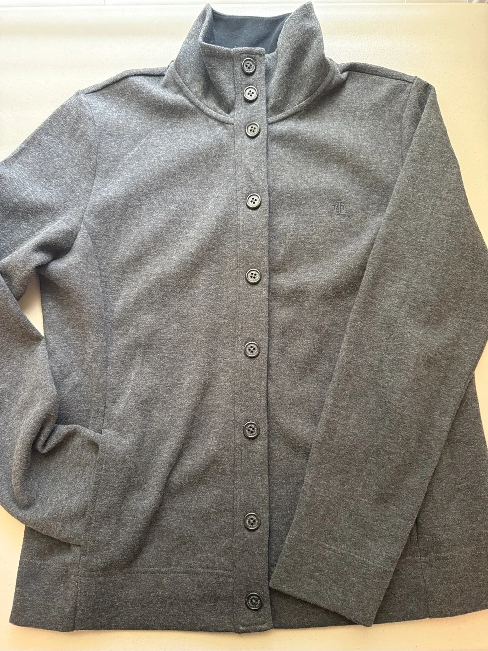 Lauren Ralph Lauren Charcoal Button-Up Funnel Neck Sweater